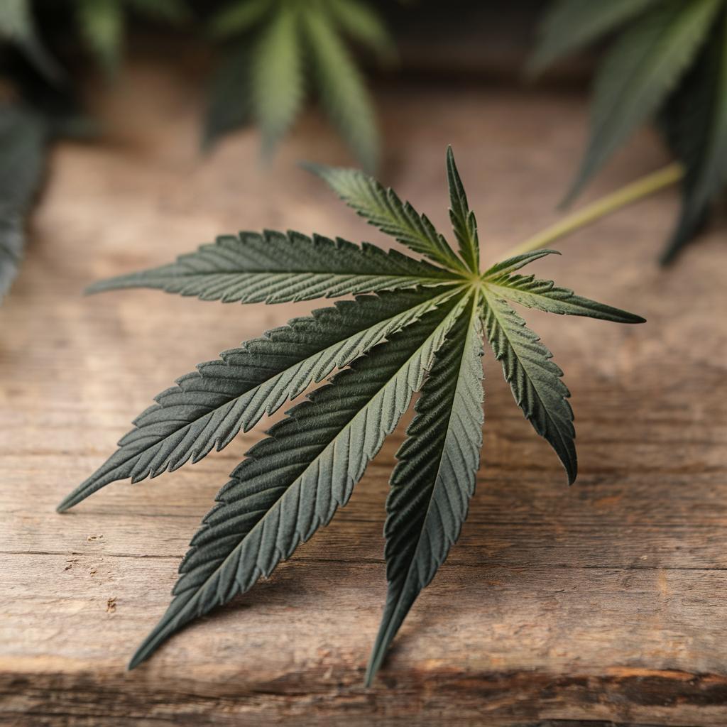 CBD leaf and coffee mug on a desk